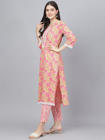 Divena Peach Floral Printed Kurta Pant set With Dupatta - divena world
