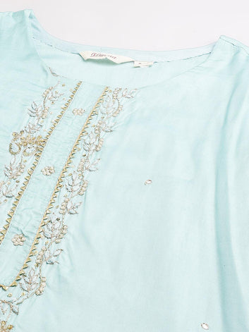 Divena Sea Green Muslin Embroidary Kurta pant Set with Organza Dupatta - divena world
