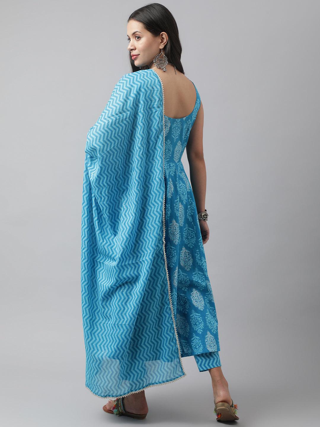 Divena Turquoise Blue Floral Cotton Anarkali Kurta Pant Set with Dupatta - divena world