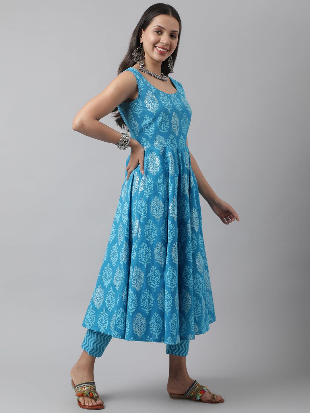 Divena Turquoise Blue Floral Cotton Anarkali Kurta Pant Set with Dupatta - divena world