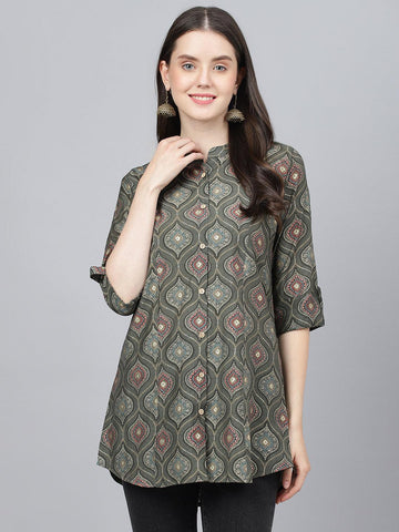 Divena Gray Motif Printed Modal A-Line Shirts Style Top - divena world