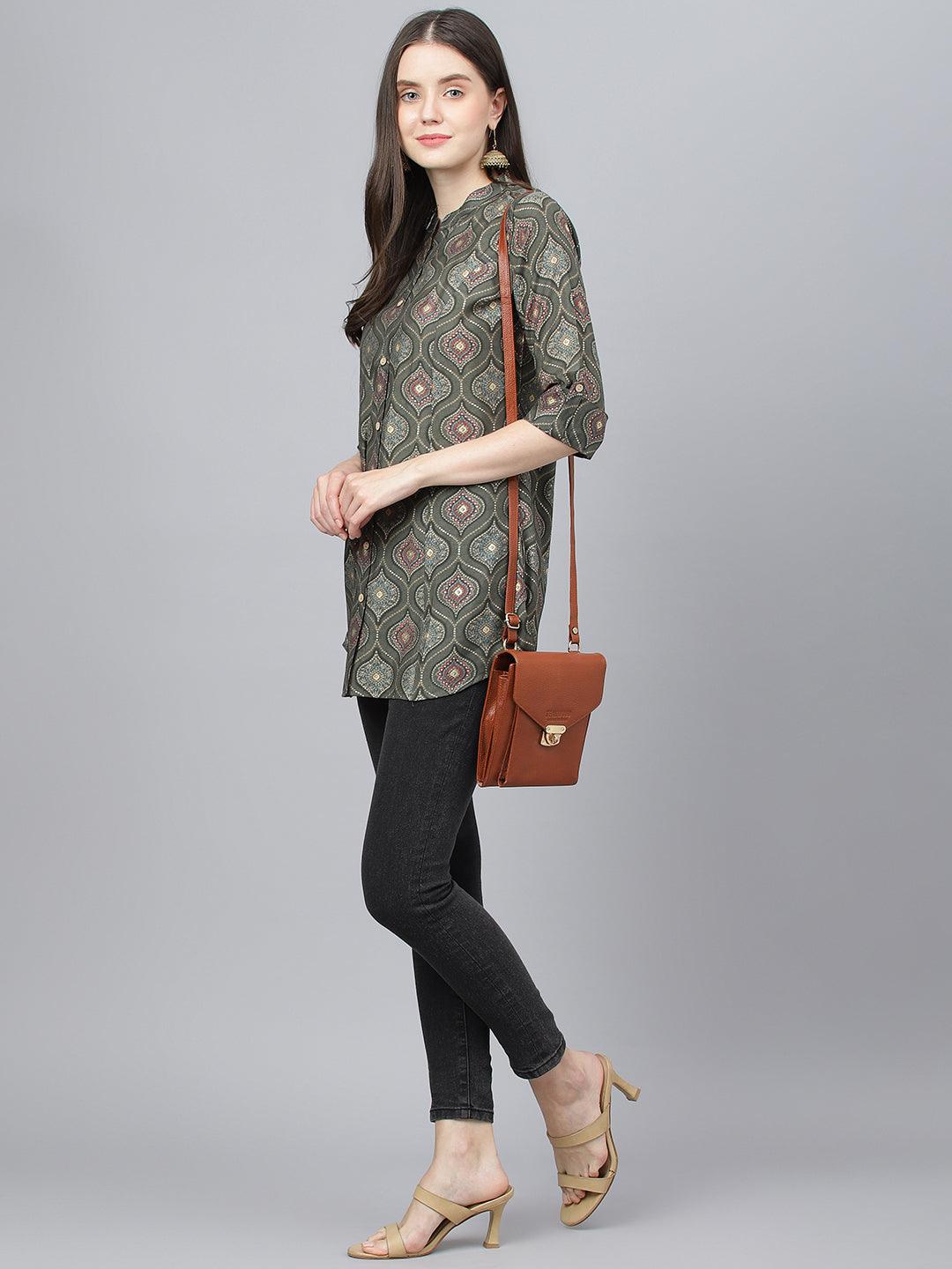 Divena Gray Motif Printed Modal A-Line Shirts Style Top - divena world