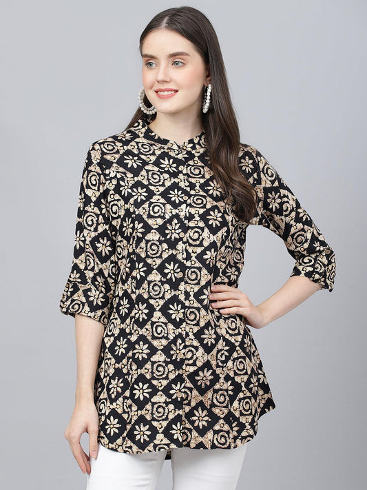 Divena Black Floral printed Rayon A-line Shirts Style Top