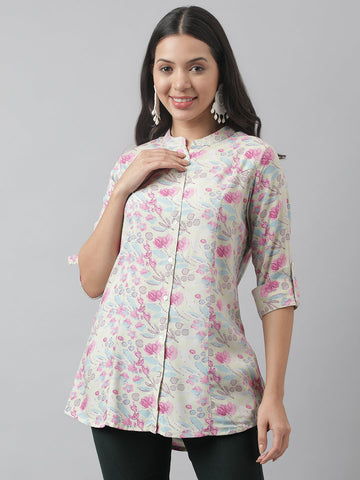 Divena Cream & Pink Floral Print Mandarin Collar Roll-Up Sleeves A-line Shirt Style Top