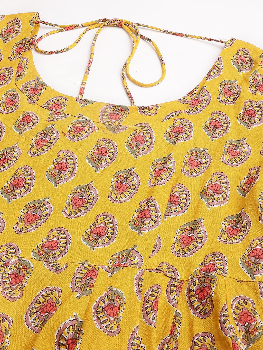 Divena Yellow Cotton Anarkali Kurta Pant Set with Dupatta - divena world