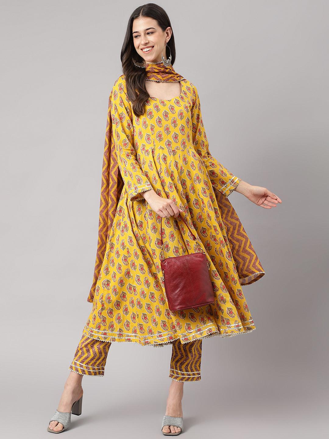 Divena Yellow Cotton Anarkali Kurta Pant Set with Dupatta - divena world