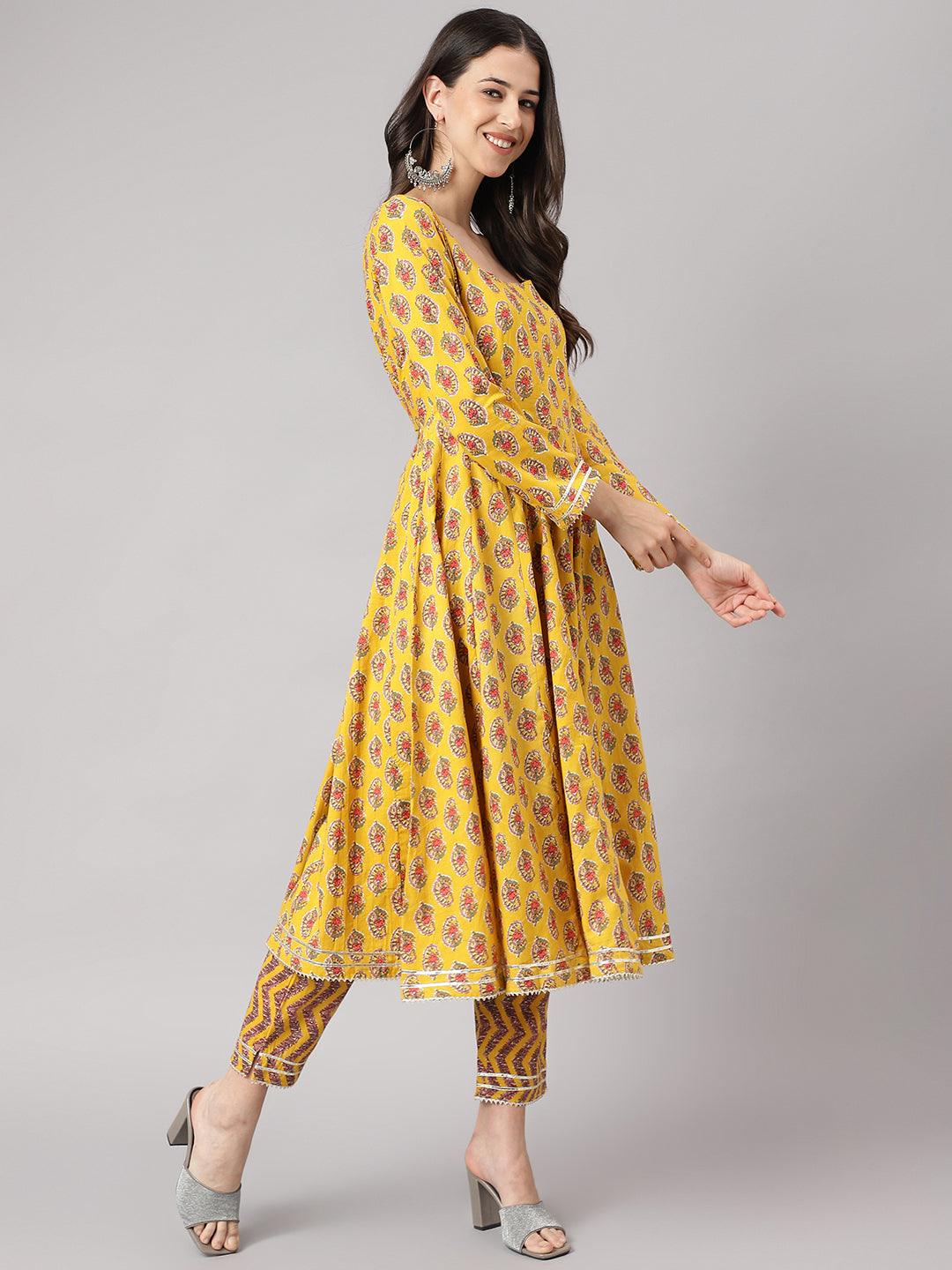 Divena Yellow Cotton Anarkali Kurta Pant Set with Dupatta - divena world