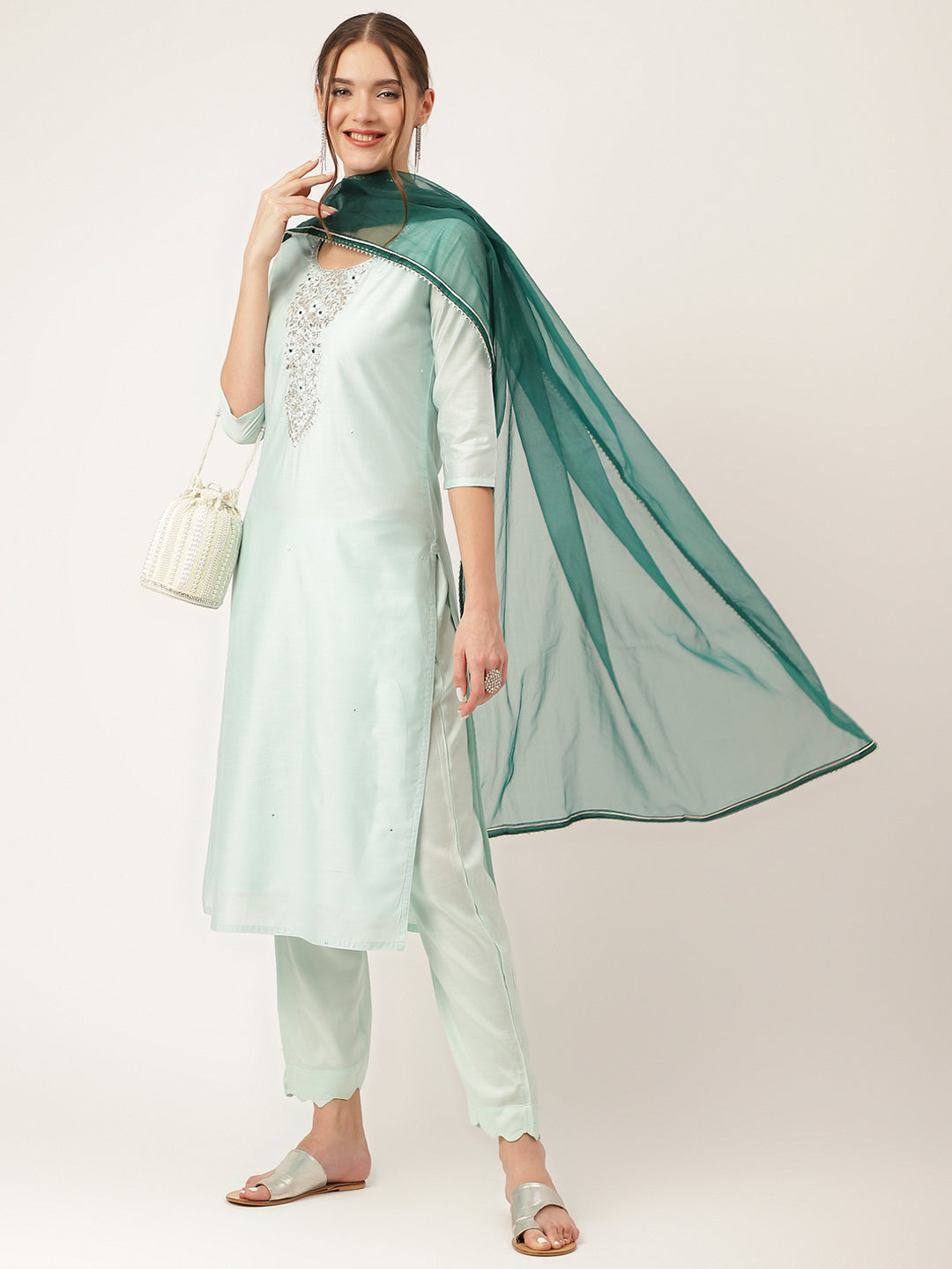 Divena Sea Green Embroidered Chanderi  Kurta, Trouser With Dupatta