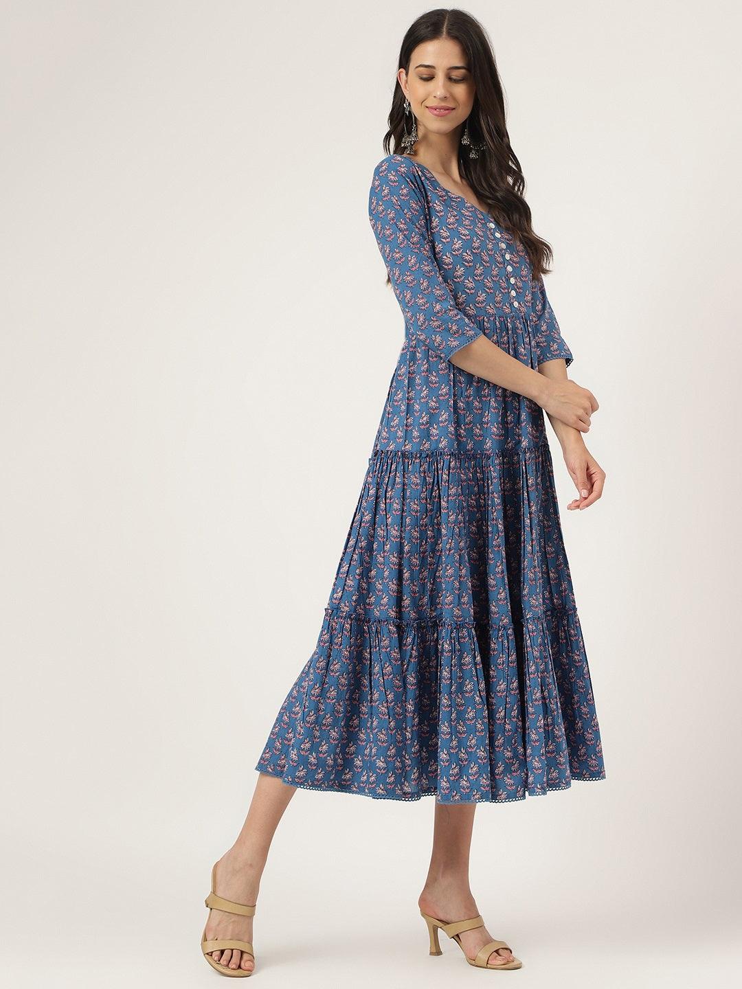 Divena Blue Floral Printed Long dress - divena world