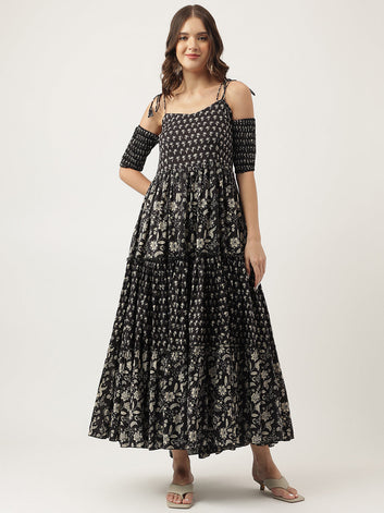 Divena Floral Printed Cotton Cold Shoulder Tiered Dress