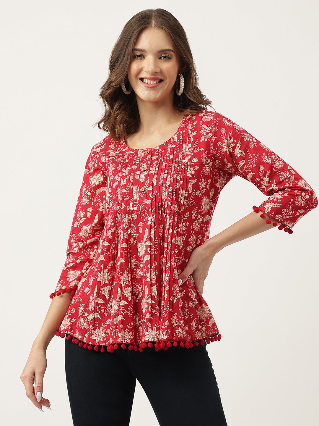 Divena Red Floral Printed Cotton Peplum Top