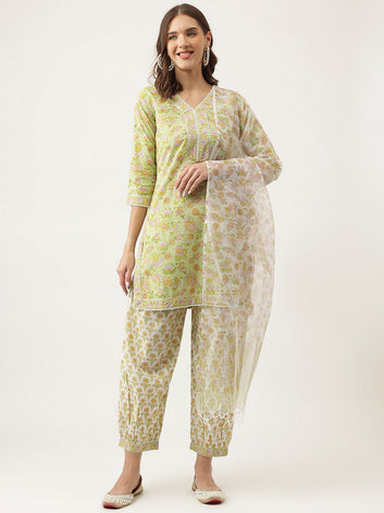 Divena Green Floral Printed Cotton Straight Short Kurta, trousers with Dupatta Set