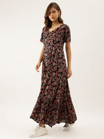 Divena Black Multi Floral Printed Rayon Ethnic Dress for Women