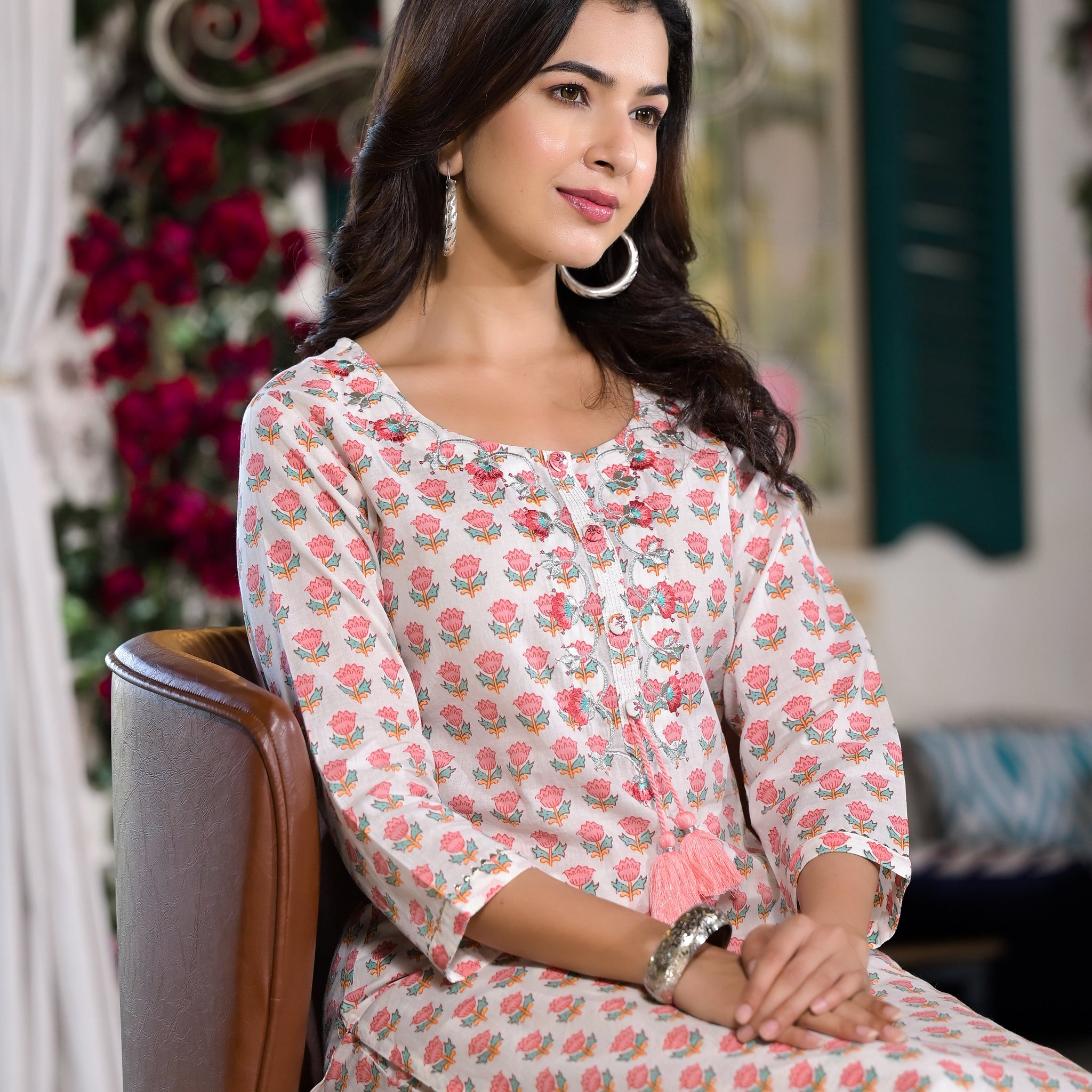 Divena White & Pink Floral Printed Cotton Kurta with Trouser