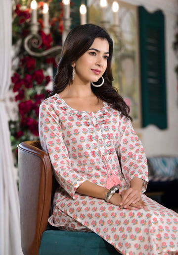 Divena White & Pink Floral Printed Cotton Kurta with Trouser