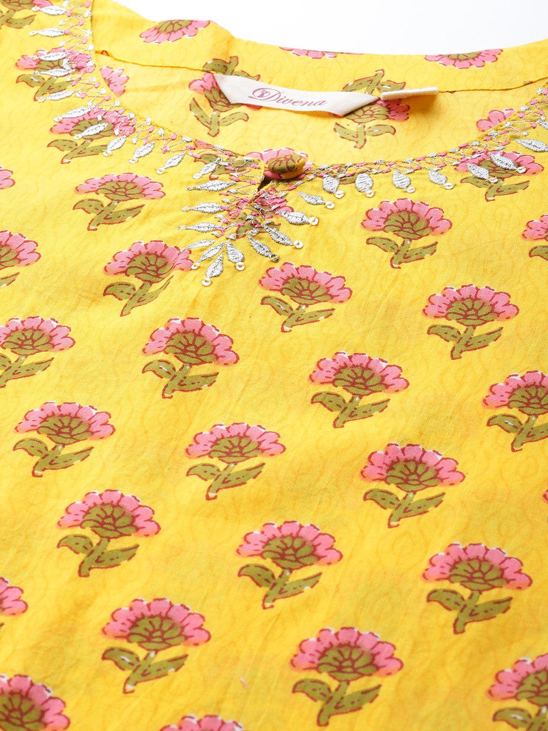 Plus Size Yellow Printed Kurta with Lahariya Sharara and Ruffled Dupatta Set - divena world