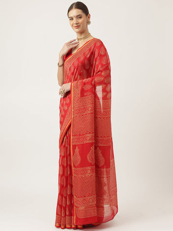 Divena Red HandBlock Chanderi Silk Saree