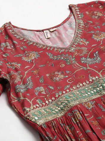 Divena Maroon Floral Printed Muslin Flared Gown - divenaworld.com