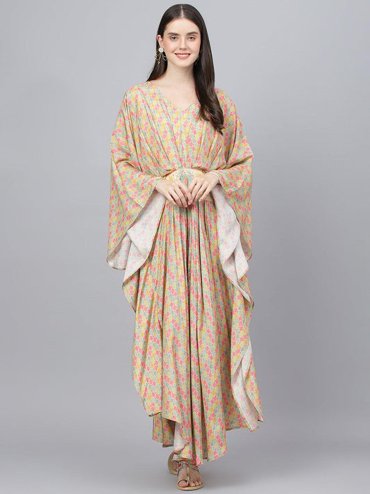 Divena Multi Color Printed Muslin Flared Kaftan Dress