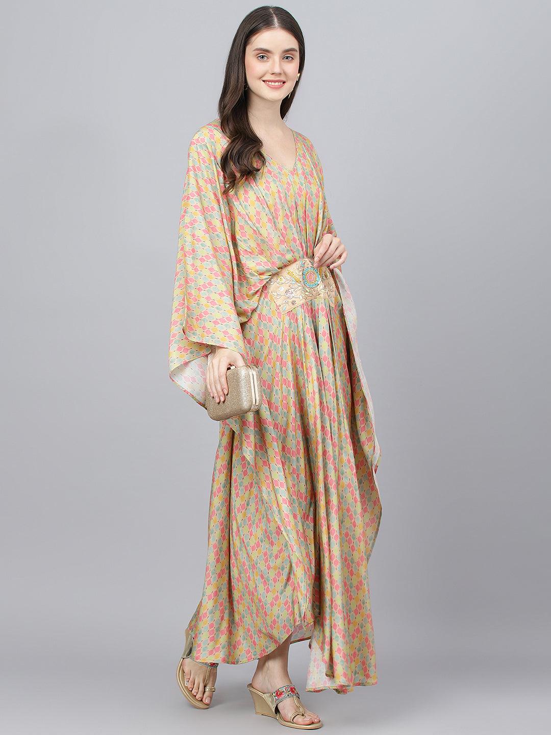 Divena Multi Color Printed Muslin Flared Kaftan Dress - divena world