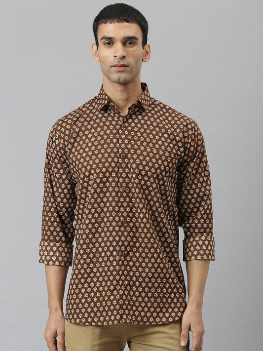 Millennial Men Brown & Mustard Cotton  Full Sleeve  Shirt for Men-MMF0266