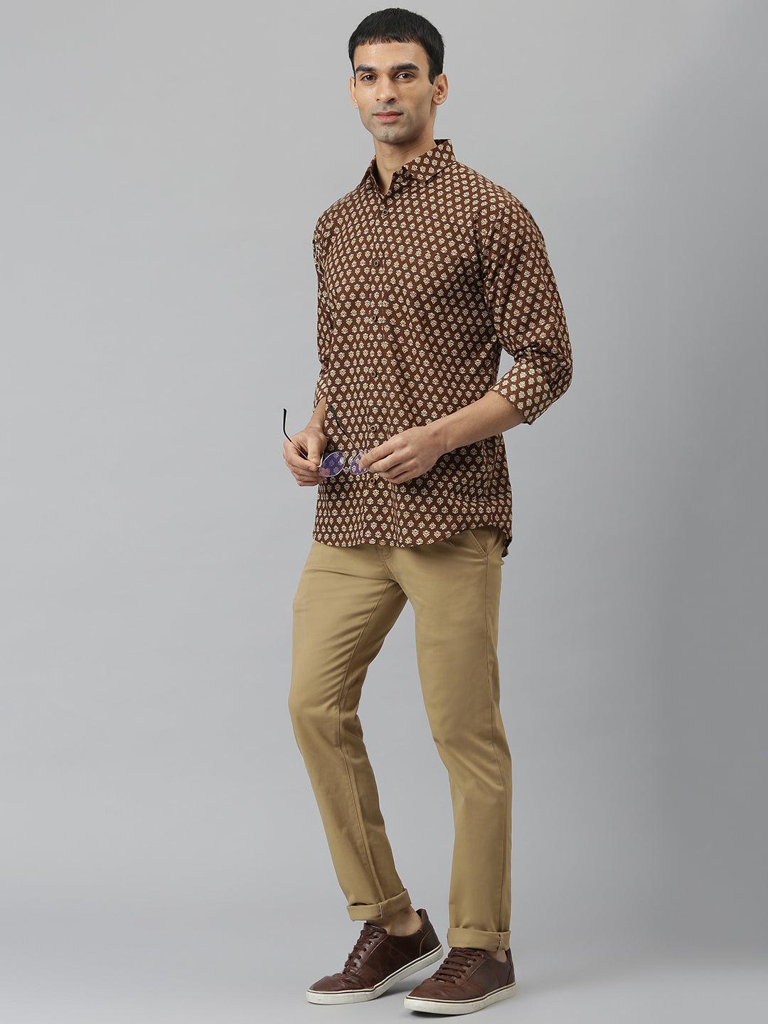 Millennial Men Brown & Mustard Cotton  Full Sleeve  Shirt for Men-MMF0266 - divenaworld.com