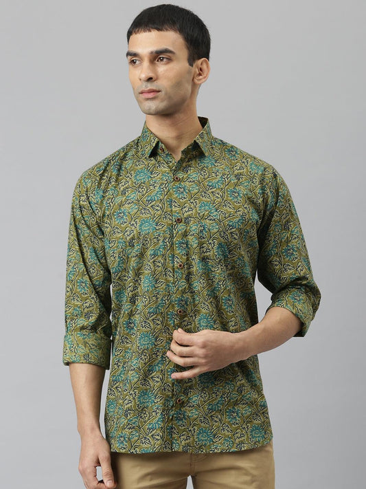 Millennial Men Mehendi & Green Cotton  Full Sleeve  Shirt for Men-MMF0278