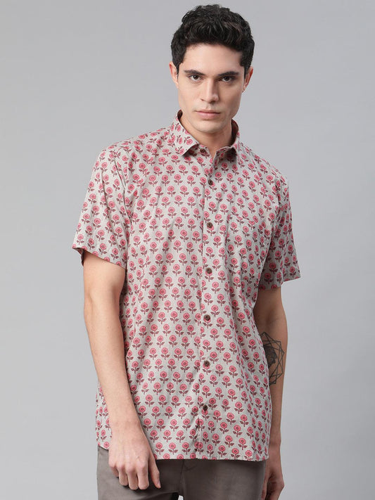 Millennial Men Grey & Pink Cotton  Half Sleeve Shirt for Men-MMH0174