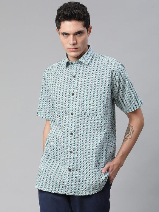 Millennial Men White & Green Cotton  Half Sleeve Shirt for Men-MMH0177