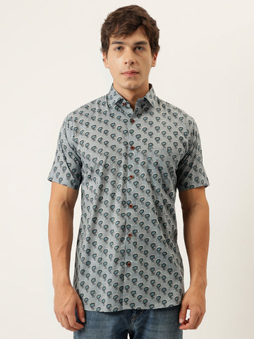 Millennial Men Sky Blue Printed Cotton Half Sleeve Shirts