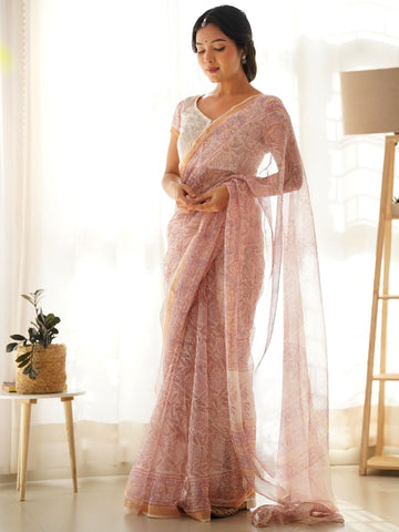 Divena Pink HandBlock Cotton Kota Doria Saree